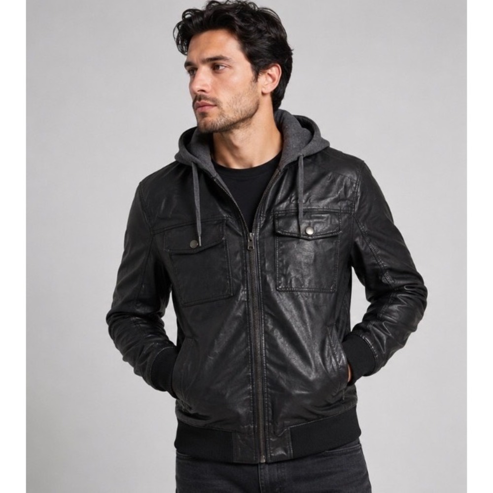 Dravus Mens Black Faux Leather Hooded Bomber Jacket Large Quilted Lining Skate